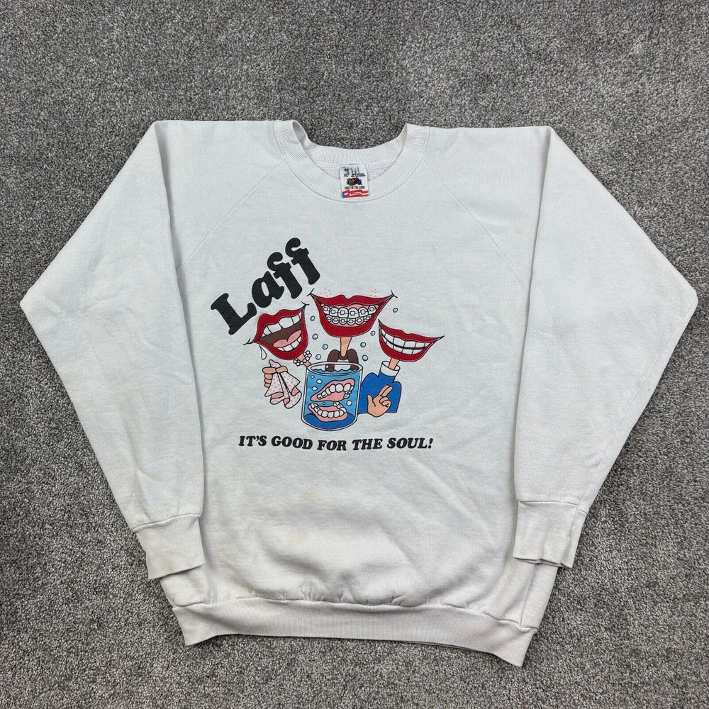 Vintage Laff TV‎ Sweatshirt Mens XL White Crewneck Scripps Network Smile